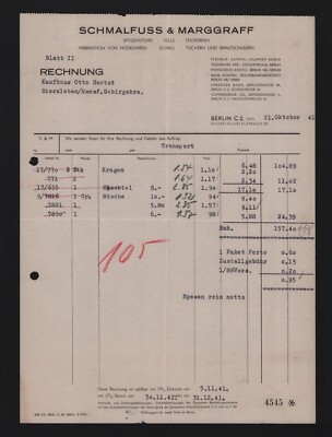 BERLIN, Rechnung 1941, Schmalfuss & Marggraff Spitzen-Stoffe Tülle Stickereien