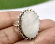 Natural Rainbow Moonstone Ring Stacking Ring 925 Sterling Silver Boho Jewelry