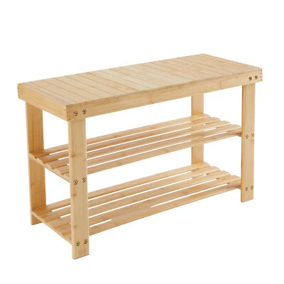 DUMOS 3 Tier Bamboo Shoe Rack Bench Storag Organizer Entryway Hallway Bench Seat Shelf