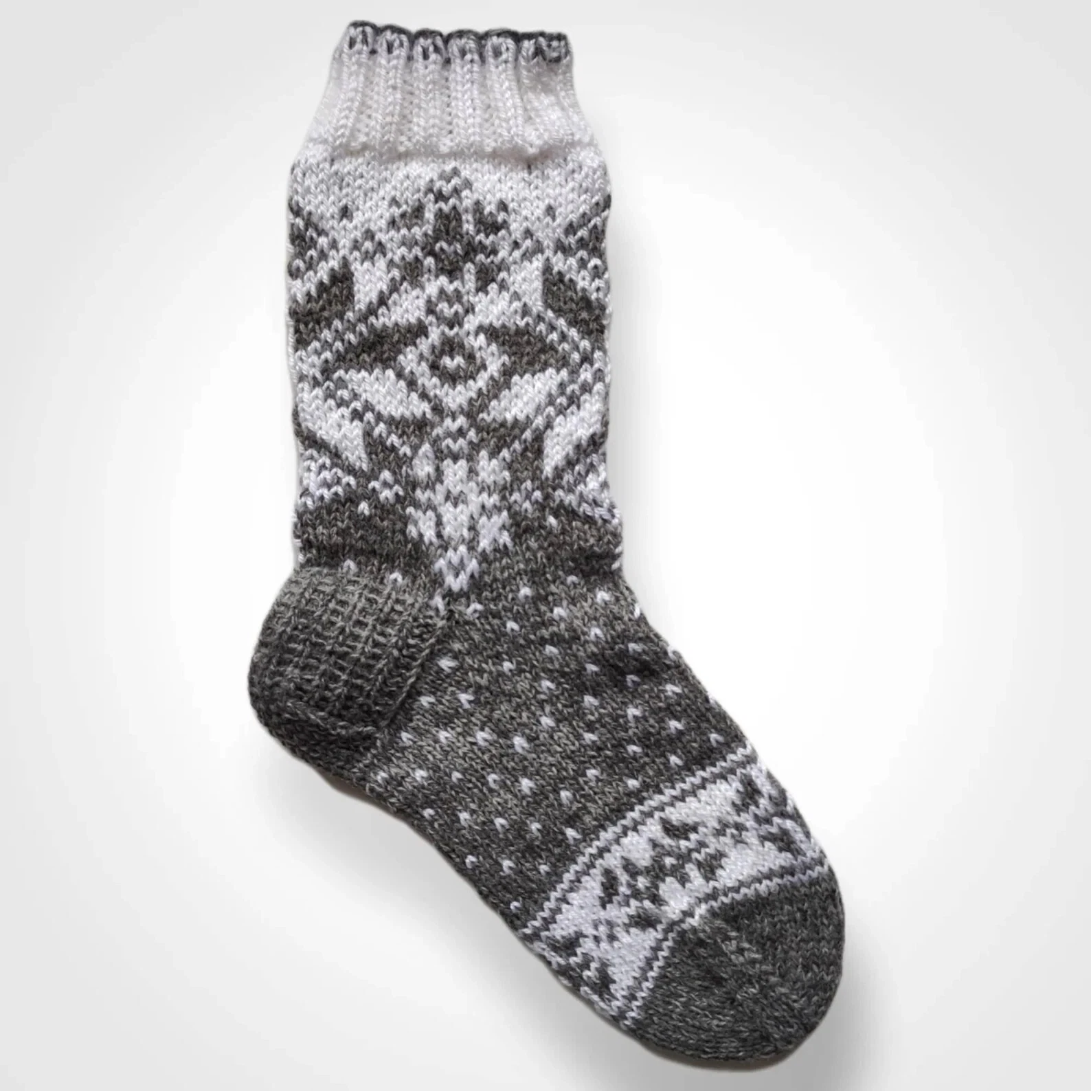 Hand-knit socks, warm socks, wool socks, grey and white, winter socks