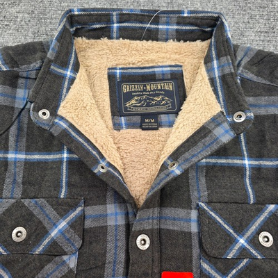 #ad Grizzly Mountain Mens Flannel Shirt Jacket Gray Blue Plaid Sherpa Lined Medium $19.16