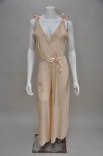 Antique VTG 1920s Peachy Silk Loungewear Jumpsuit Lace Details, Belt, Headband S