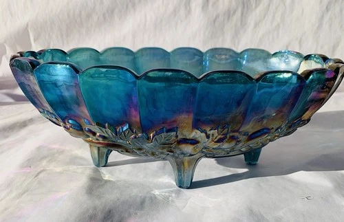 Vtg Indiana Carnival Glass Bowl Footed Blue Iridescent Harvest Grape 12" Oval