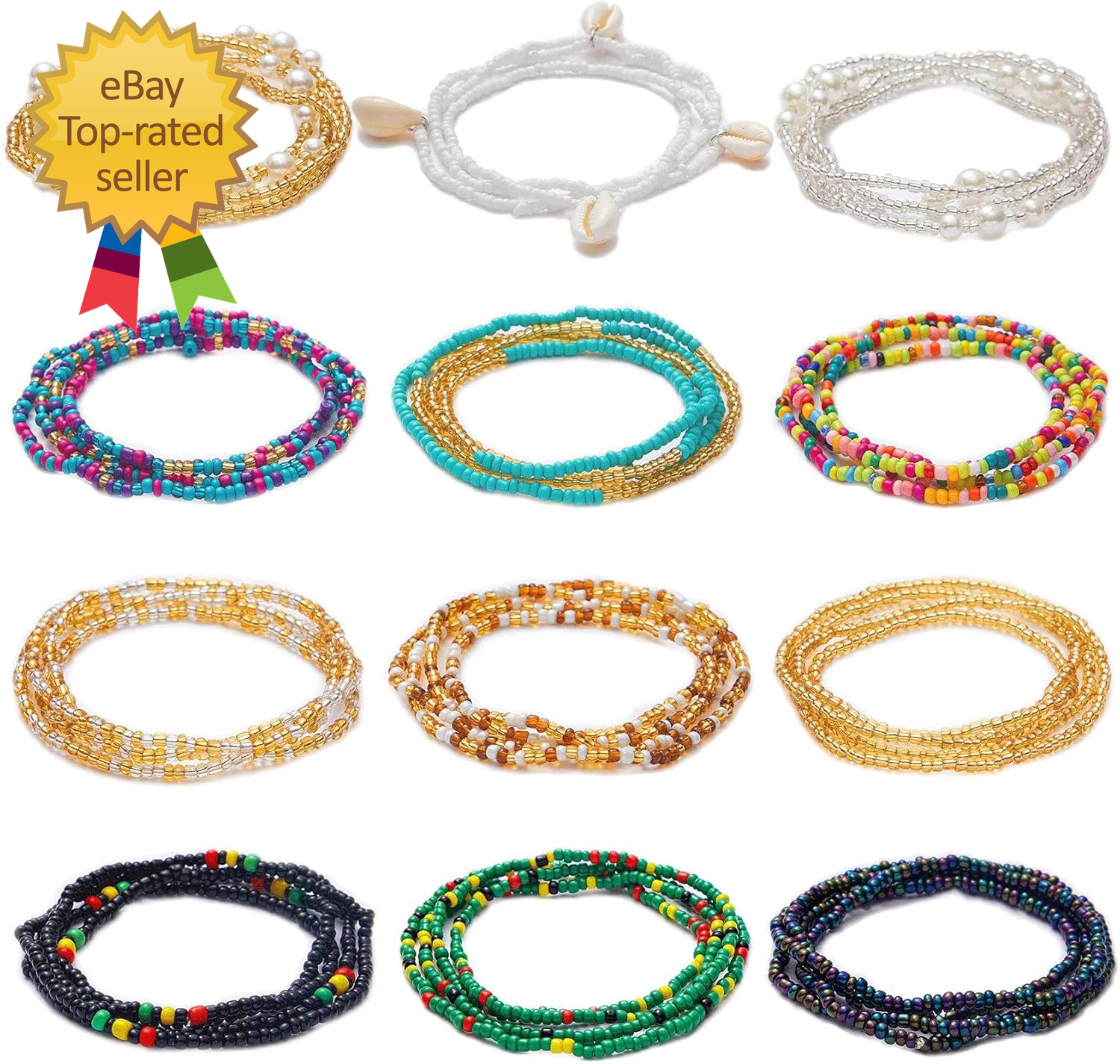 12PCS 24-70 Inch Plus Size Waist Beads for Women Handmade African Belly Chains