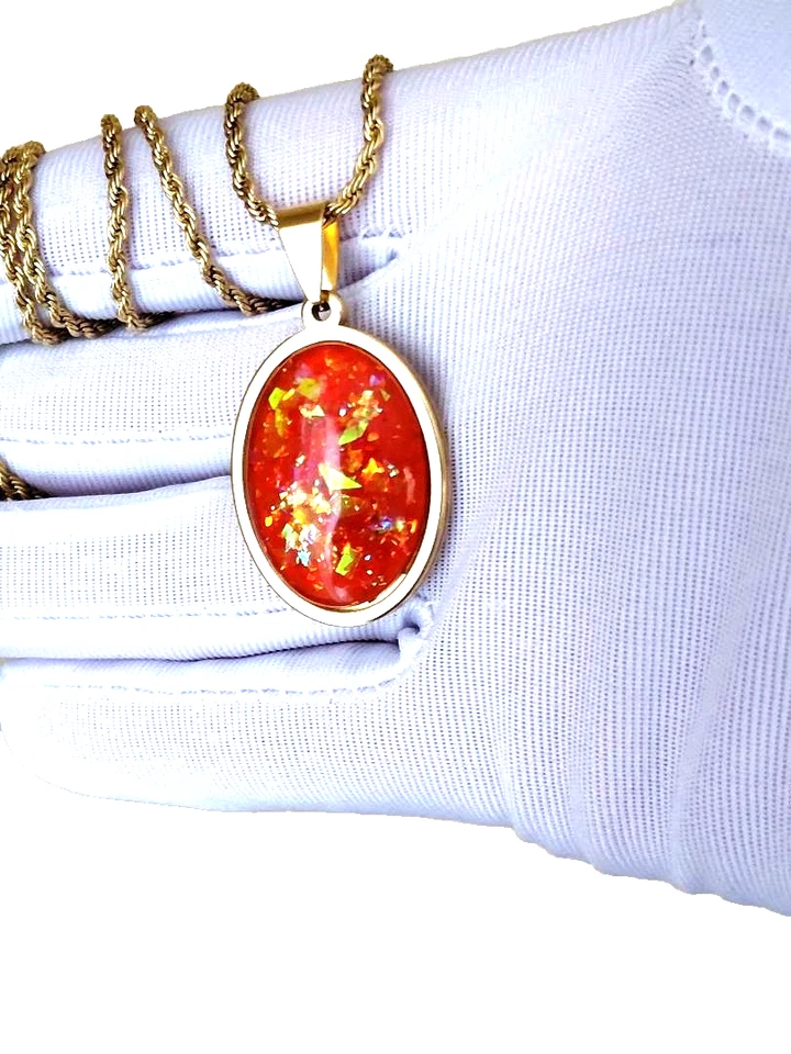 Colgante Ópalo Fuego Mexicano 18x25mm En Acero Inoxidable Chapado en Oro 18K Foto 4 de 4