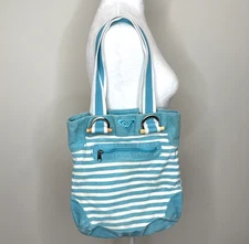 Vintage Y2K Roxy Canvas Tote Bag Blue Stripe Wood Casual Beach Travel Small Surf