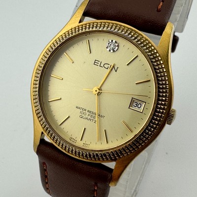 Vintage Elgin Quartz Watch Unisex 30m Gold Tone Diamond Fancy Bezel New Battery