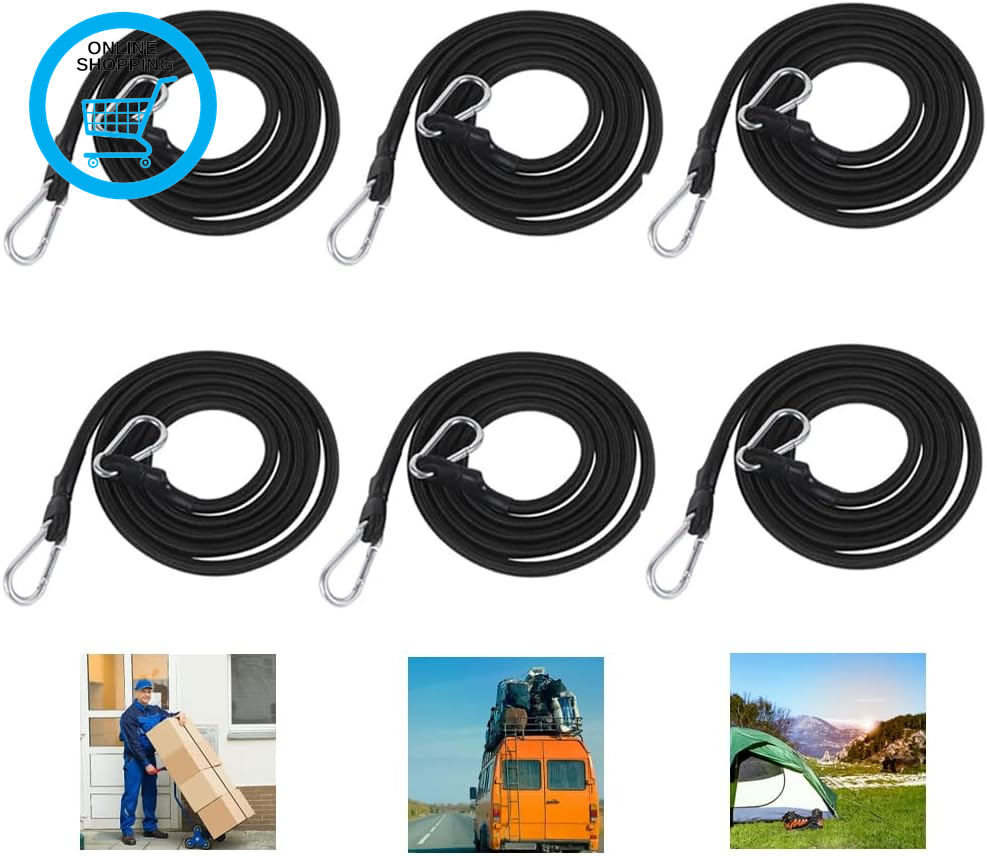 Bungee Cords with Carabiner Clips, 6 Pack Bungees with Hooks,1 M Long Heavy Duty