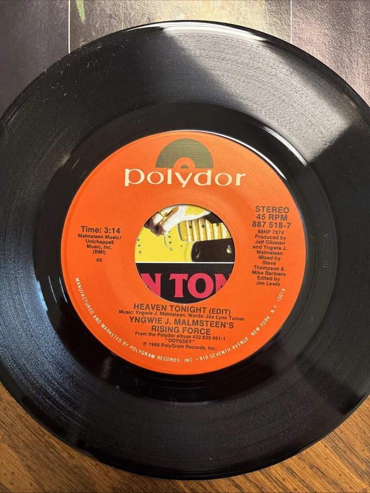 Yngwie J. Malmsteen's Rising Force - "Heaven Tonight". Polydor 45 Vinyl NICE!! Foto 2 de 4
