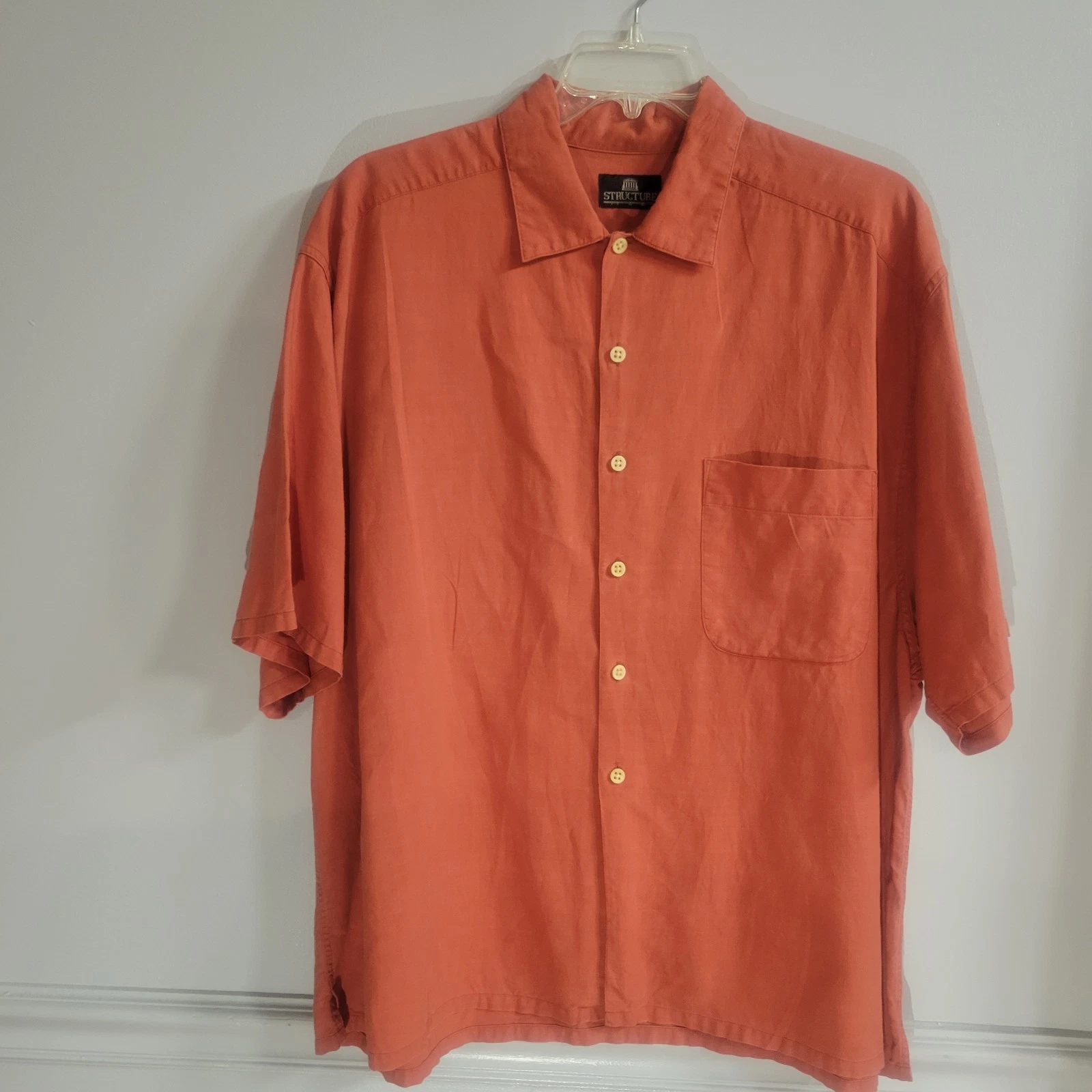 VTG 90s Structure Size Large Linen/Cotton Blend Shirt Short Sleeve Burnt Orange