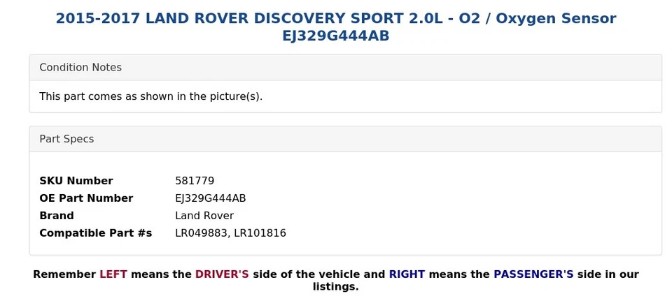 Land Rover Discovery Sport 2015-2017 2,0 L - Sensor de oxígeno/O2 EJ329G444AB Foto 3 de 4