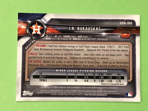 JB BUKAUSKAS 2018 Bowman Chrome Auto Purple Card #CPA-JBU 221/250 Houston Astros - Picture 2 of 2
