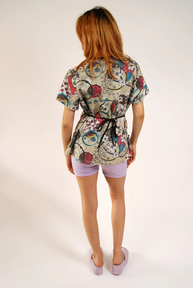 Y2K Floral Top (M) vintage gray tie oversize medium ecru plunge rave kawaii edm - Image 3 of 4