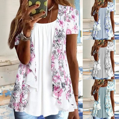 Women Boho Casual Loose Tops Ladies Short Sleeve Blouse Tunic T-Shirt Tee Floral
