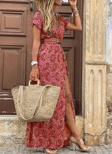 Womens Boho Floral V-Neck Maxi Dress Ladies Summer Beach Casual Holiday*Sundress