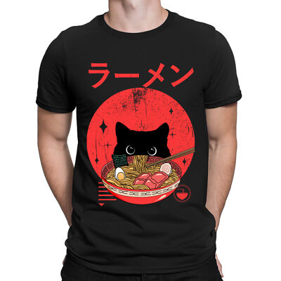 Lustige Herren Damen T-Shirts Katze Ramen Anime japanisches Kätzchen isst Nudeln Oberteil #D
