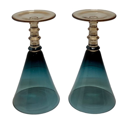 Vtg 60s MCM Si-An Cristallerie Peacock Blue Crystal Champagne Glasses Couple Set - Picture 4 of 17