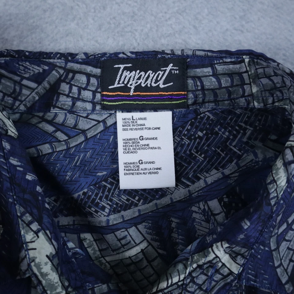 Impact Shirt Mens Large Silk Casual Party Button Up Blue Patterned Short Sleeve - Image 2 of 4