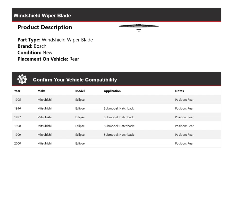 Limpiaparabrisas trasero micro borde para Mitsubishi Eclipse Bosch 1995-2000 Foto 2 de 4
