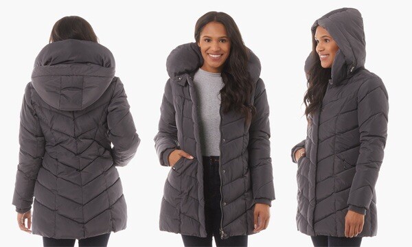 Steve Madden Women's Water Resistant Charcoal Quilted Mid-Length Puffer