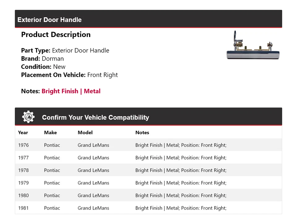 Manija de puerta exterior delantera derecha 1977 para Pontiac Grand LeMans Dorman 1976-1981 Foto 2 de 4