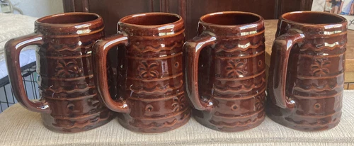 Vintage Brown Drip Glaze Coffee Mugs Cups Set Of 4 USA D Handle Tiki Beach Theme