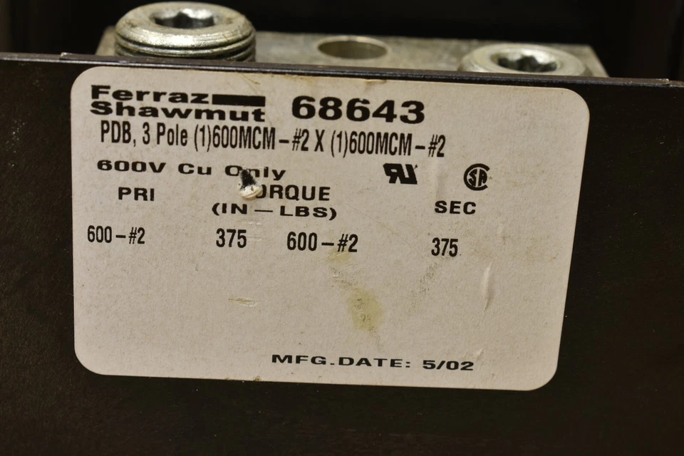 FERRAZ SHAWMUT 68643 Power Distribution Block 3 POLE 600V CU - Image 2 of 4