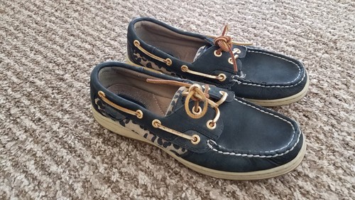 Sperry Top Sider Shoes Womens 7M Leather Leopard black Slip On gold trim Nice - 第 3/7 張圖片