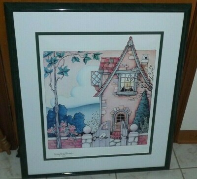MARY ENGELBREIT HAND SIGNED, FRAMED, MATTED PRINT COTTAGE 378/500, 31'' X 28''