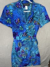Connected Apparel Vintage Size 10 Blue Purple Wrap Tropical Dress  Front Tie
