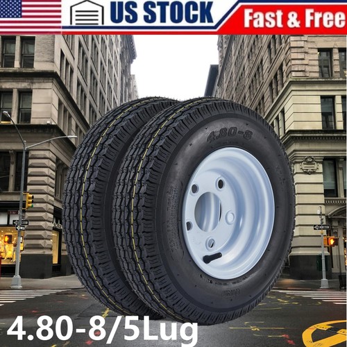 2 pcs 4.80-8 Trailer Tires and Rims 4.80x8 480-8 Load Range C 5 Lug White Wheel