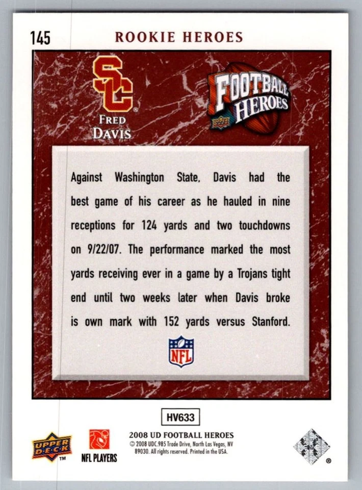 2008 Upper Deck Heroes Fred Davis Rookie USC Trojans #145 - Image 2 of 2