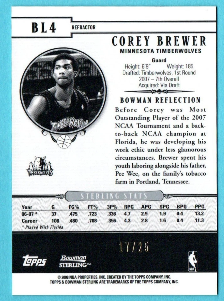 2007-08 年 Bowman Sterling - Box Loader Corey Brewer #BL4 黑色折射器 /25 (RC) — 第 2/2 张图片