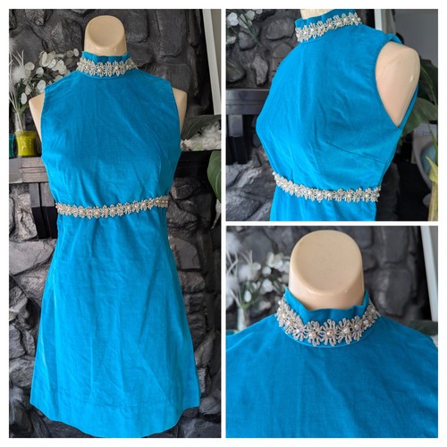 Vtg 60s Turquoise Blue Velvet Silver Pearl Rhinestone Trim Sheath Dress Mod Sz S - Image 1