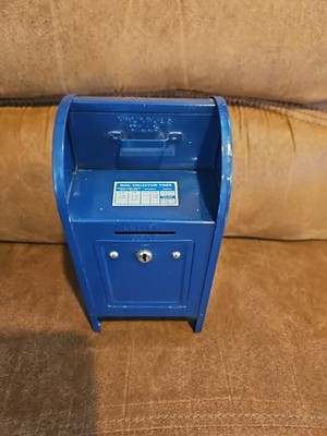 US Mail Blue Metal Post Office Mailbox Coin Bank USPS No Key  7.5''