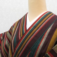 Tsumugi kimono Silk Striped pattern Brown 61.8inch Women's