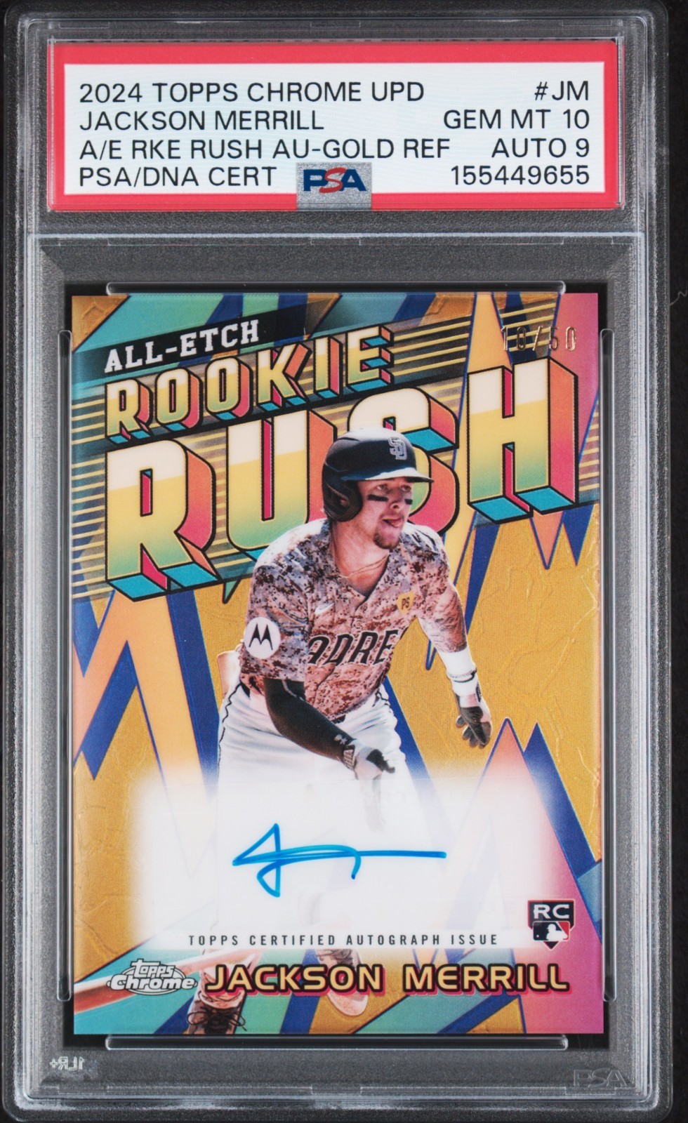 PSA 10 GEM 2024 TOPPS Chrome MLB Padres JACKSON MERRILL #10/50# **ROOKIE AUTO**