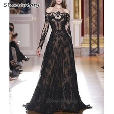 Elegant Black Lace Evening Dress A-Line Boat Neckline Prom Gown Party Robe