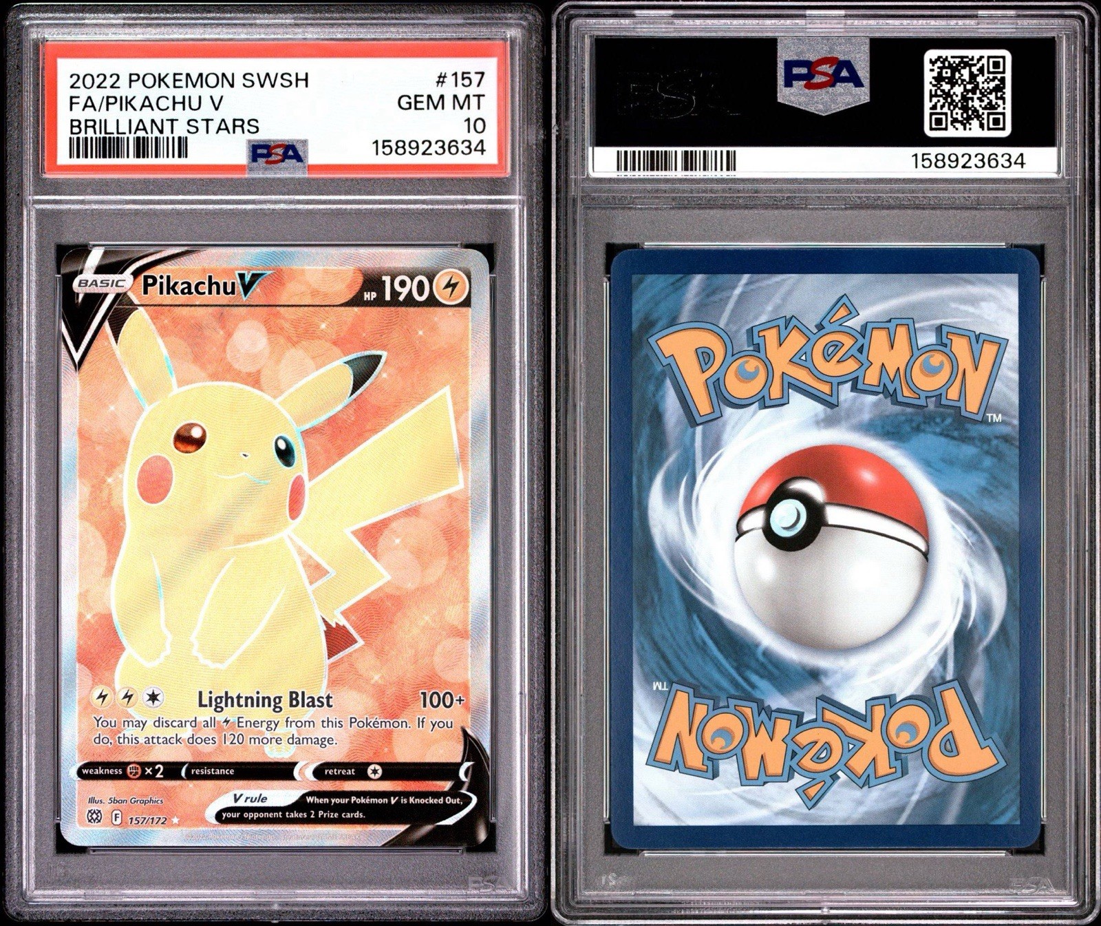 Pikachu V (Full Art) 157/172 Swsh09: Brilliant Stars Holo PSA 10 view 3