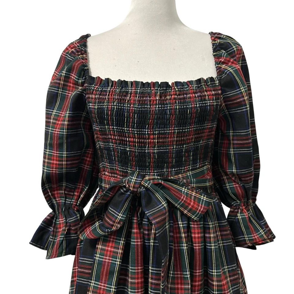 Vestido midi Aura para mujer Everyday Cheer a cuadros manga abullonada talla grande casa de campo vacaciones Foto 3 de 4