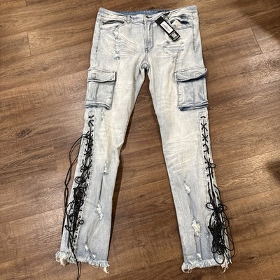 Rockstar Jeans Mens 40x34 Honor Blue Stacked Flare Jeans Light Wash Denim