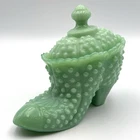 Vintage Jadeite Hobnail Glass Shoe Boot Candy Dish w Lid Green Milk Glass