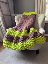 Chunky Knit Blanket  Key Lime Green and Brown Blanket