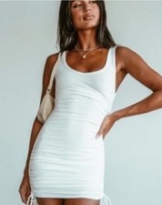 PRINCESS POLLY Dress White Cinched Tank Drawstring Bodycon Ribbed Sexy Sz 4