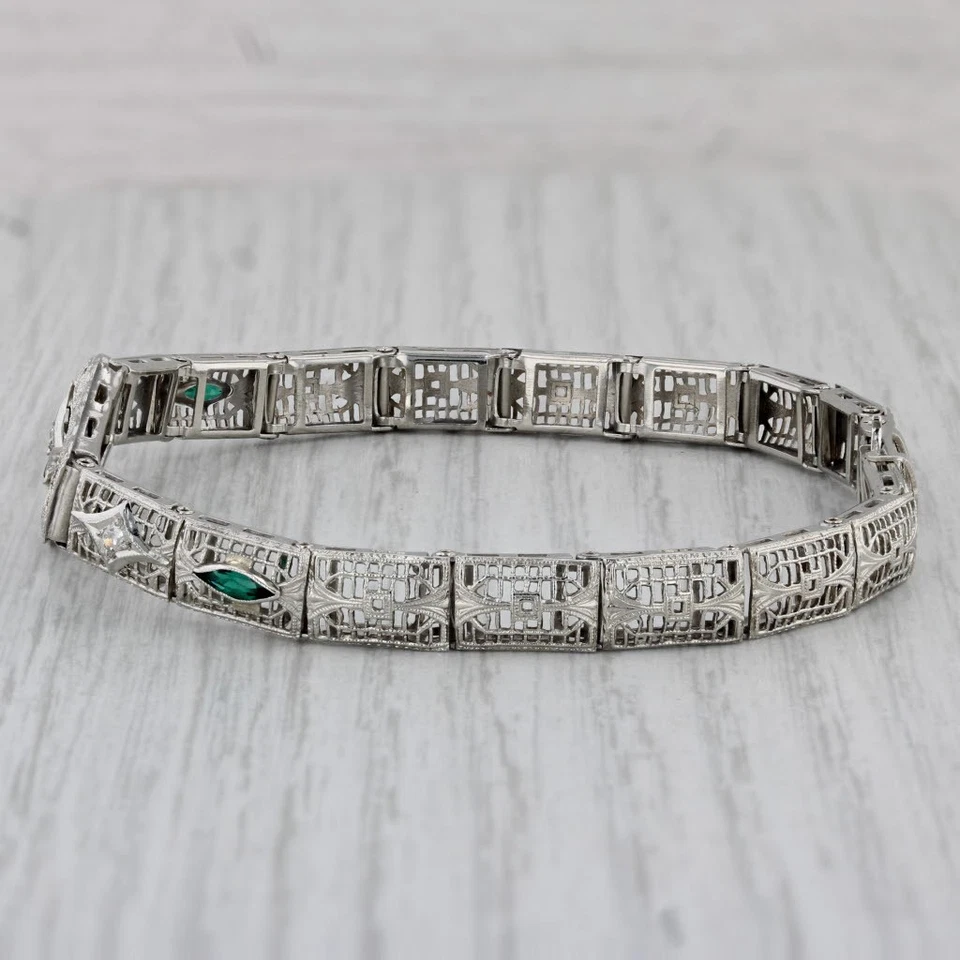 Art Deco Diamond Imitation Emerald Filigree Bracelet 14k White Gold 7" - Image 2 of 4