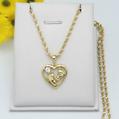 14K Gold Plated Feet Heart Charm Pendant Necklace Baby Feet