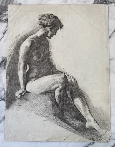 Dibujo al carbón firmado de Frank Nelson Wilcox (Ohio 1887-1964) desnuda sentada - Imagen 2 de 8