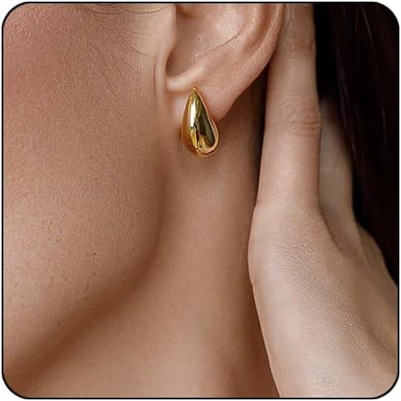 Small teardrop gold chunky hoops for women, hypoallergenic thick hoop earrings  