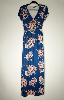 Kranda Size S Small Blue Floral Short Sleeve V-Neck Long Maxi Dress | eBay