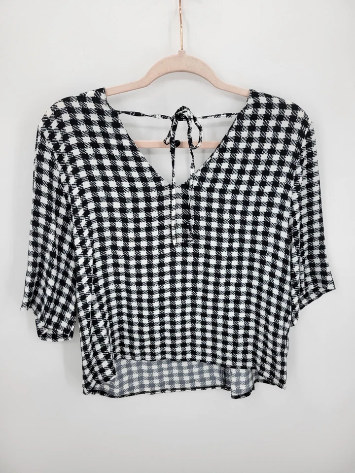 Blusa Topshop Mujer EE. UU. 4 Negra Blanca Pata de Gallo Lazo Atrás Manga 3/4 Boho Foto 2 de 4